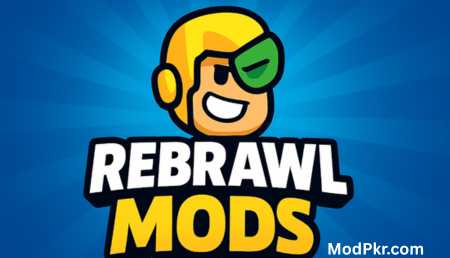 A vibrant animated logo of Rebrawl Mods, featuring a cheerful cartoon character with a green eyepiece and bold yellow-white text against a glowing blue background.